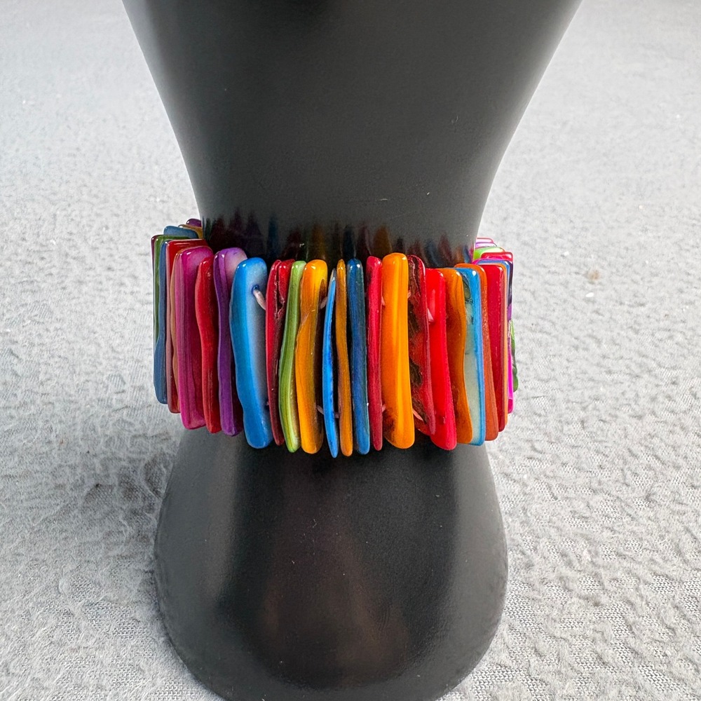 Multi Color Shell Shard Stretch Bracelet Rainbow Boho Beach Jewelry 1 Inch Wide
